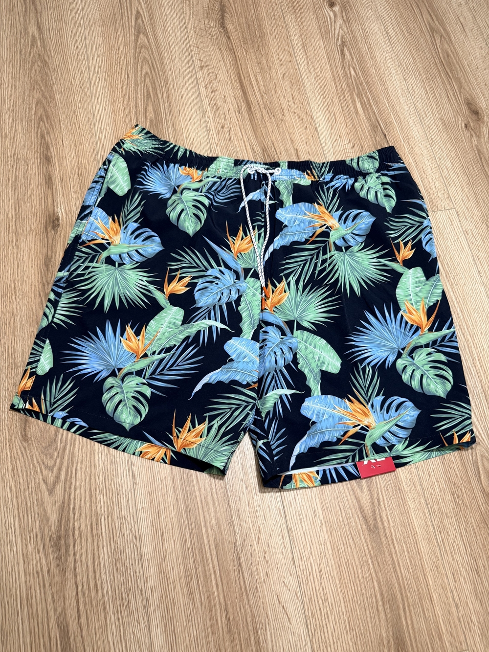 Bonobos Navy Tropical Print Swim Shorts with Green & Orange Accents